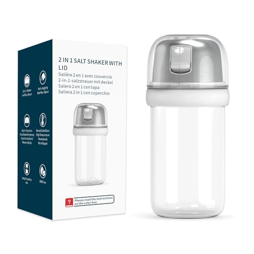 KTCHENDAO 2 in 1 Glass Salt Shaker with Side Pour Spout Builtin Lid to Slow Down Dampness with Mearsuring Marks Elegant Borosilicate Glass Salt Dispenser for Kitchen BPA Free 4oz White