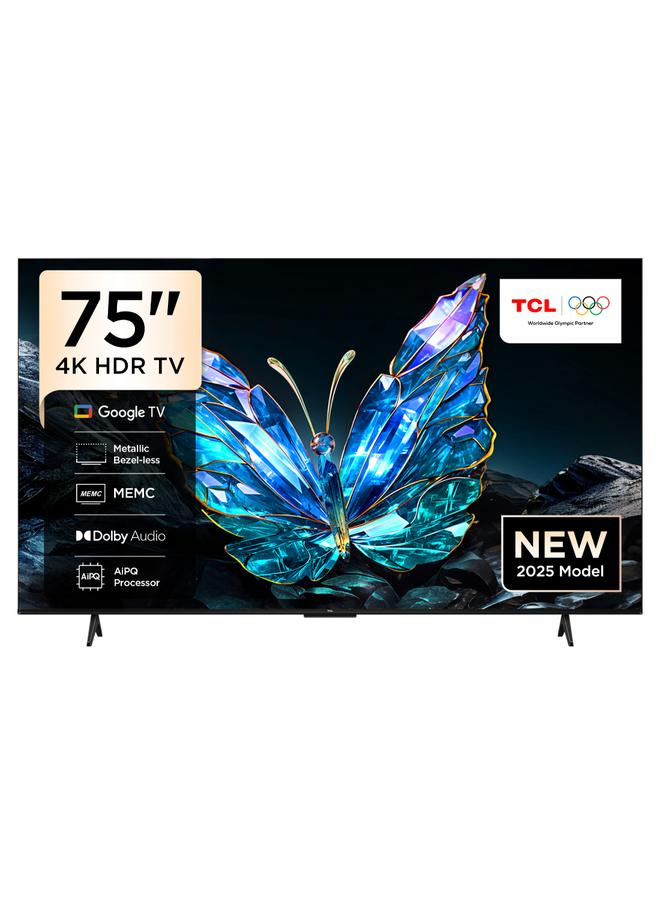 TCL Television 75 Inch Smart TV 4K UHD HDR 10 Google TV, Dynamic Color Enhancement, Dolby Audio, HVA Panel, MEMC, Multiple Eye Care with Metallic Bezel-less Design, 75V6C (2025 Model) 75V6C black
