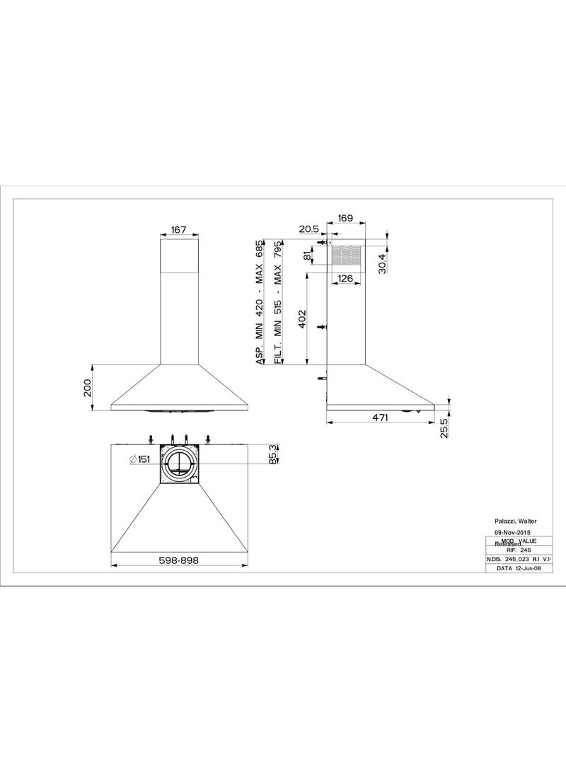 فابر Kitchen Cooker Hood, 90 cm Wall-Mount, 380 m³/h Suction Power, 3-Speed, LED Lighting, Stainless Steel, Made in Italy ( VALUE PB X A90 ) Wall Fixed 145 W 320.0557.540 Stainless steel - Image 5