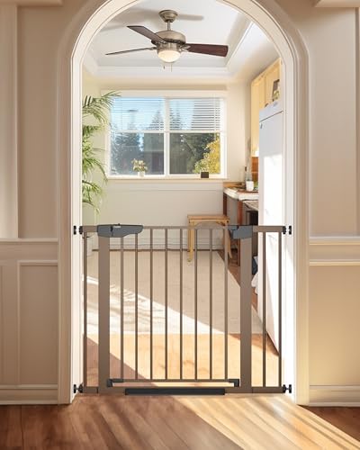 Cumbor 297406 Baby Gate for Stairs Moms Choice Awards WinnerDog Gate for Doorways Pressure Mounted Self Closing Pet Gates for Dogs Indoor Durable Safety Child Gate with Easy Walk Thru Door