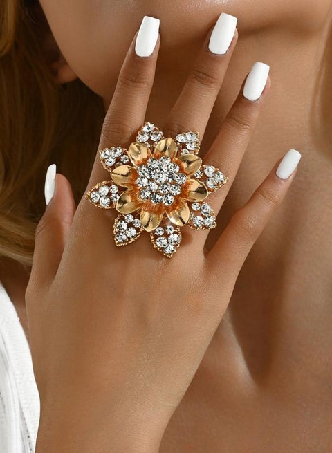 Take Two Gold Tone Embellished Flower Statement Ring