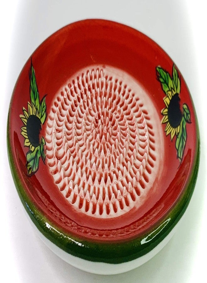 BonCera, All-in-one Premium Ceramic Garlic Grater Plate 4-Piece Set - Red Sunflower Design, Classic Style - For Garlic, Ginger, Chocolate, and more! - Comes with 5.25" Plate, Peeler, Brush, and Stand - Image 3