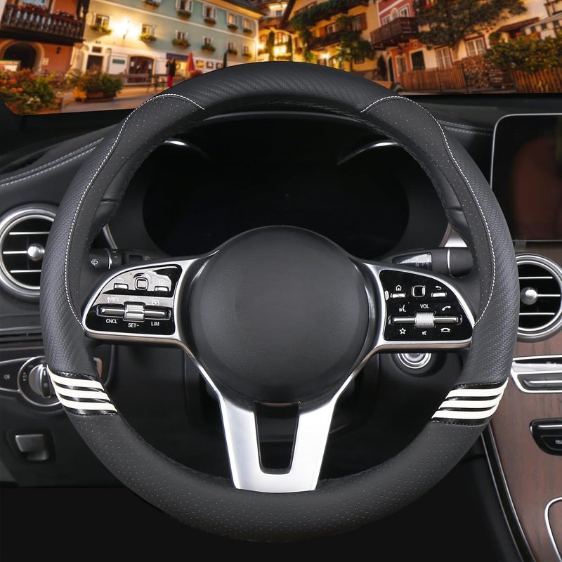 Binsheo 14 inch Cute Steering Wheel Cover for Women Men Faux Leather and Carbon Fiber,Black - Image 2