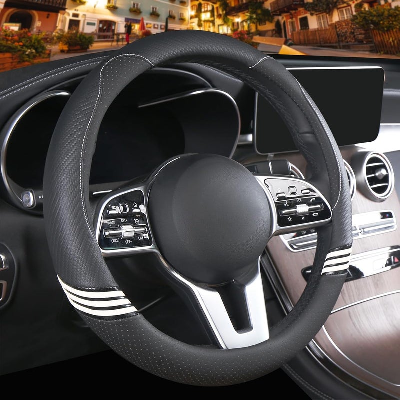 Binsheo 14 inch Cute Steering Wheel Cover for Women Men Faux Leather and Carbon Fiber,Black - Image 1
