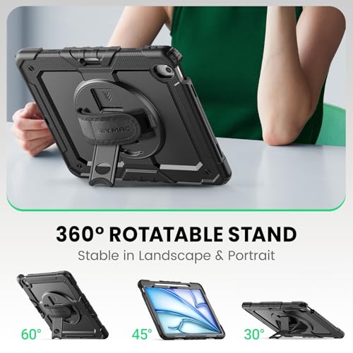 SEYMAC حافظة SEYMAC لجهاز iPad Air 13 بوصة M3 2025/ M2 2024، حافظة واقية قوية مضادة للصدمات مع واقي شاشة، قاعدة دوارة 360°، حزام يد/كتف وحامل قلم لجهاز iPad Air 13، أسود - Image 4