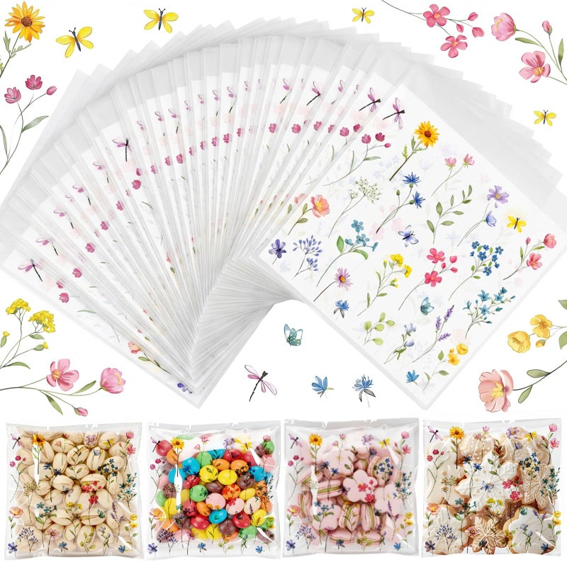 Tinlade 200 Pcs Wildflower Party Cellophane Treat Bags Floral Candy Decorations Plastic Clear Goody Bags for Wedding Birthday Graduation Party Supplies - Image 1