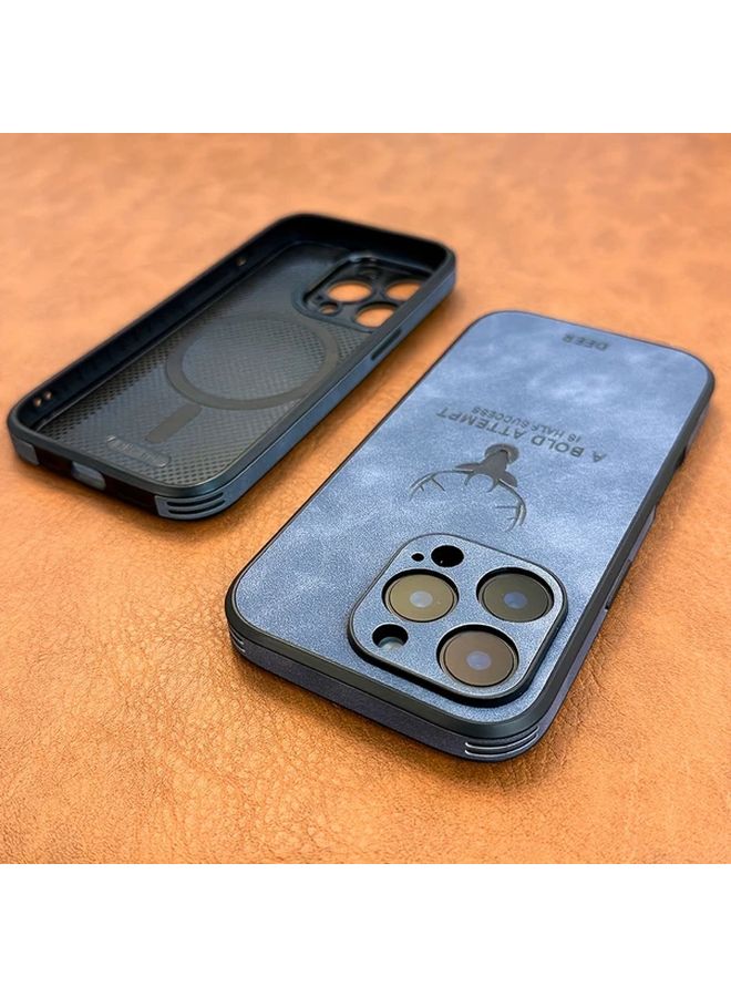Vintage Faux Sheepskin Magnetic Wireless Charging Case For iPhone 13 Pro Blue - Image 1