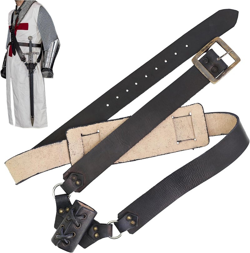 Armory Replicas ™ Genuine Leather Baldric Belt – Adjustable Shoulder Strap for Long Swords & Claymores with Brass Rivets and Buckles - Image 1