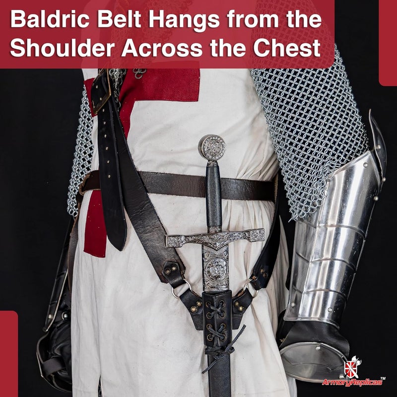 Armory Replicas ™ Genuine Leather Baldric Belt – Adjustable Shoulder Strap for Long Swords & Claymores with Brass Rivets and Buckles - Image 4
