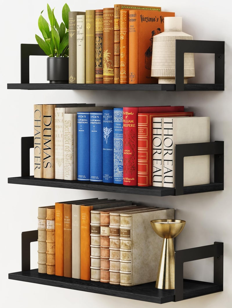 Harwaya Wall Mounted Bookshelf, Floating Bookshelves for Bedroom, 17 Inches Long Wall Mount Book Shelves for Living Room Office Books, Black Wall Book Holder Bookcase (Set of 3) - Image 1