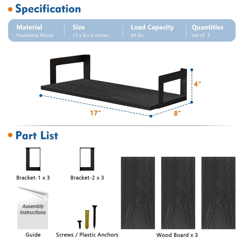 Harwaya Wall Mounted Bookshelf, Floating Bookshelves for Bedroom, 17 Inches Long Wall Mount Book Shelves for Living Room Office Books, Black Wall Book Holder Bookcase (Set of 3) - Image 2
