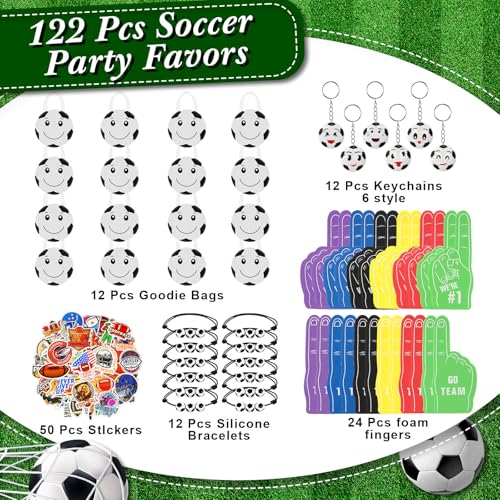 Maxdot 122 Pcs Soccer Party Favors Set Serve 12 Soccer Non Woven Goodie Bags Mini Face Stress Foam Finger Ball Keychain Bracelet Stickers for Kids Sports Birthday Party Supplies Gifts - Image 5