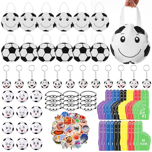 Maxdot 122 Pcs Soccer Party Favors Set Serve 12 Soccer Non Woven Goodie Bags Mini Face Stress Foam Finger Ball Keychain Bracelet Stickers for Kids Sports Birthday Party Supplies Gifts - Image 1