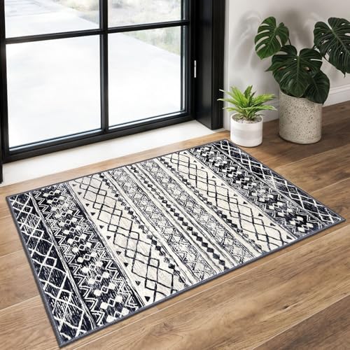 KUTA Moroccan Area Rugs 2x3, Black Navy Blue Entryway Rug Non-Slip Washable Small Indoor Door Mat, Ultra Soft Print Vintage Geometric Low-Pile Floor Carpet for Entrance, Kitchen - Image 1