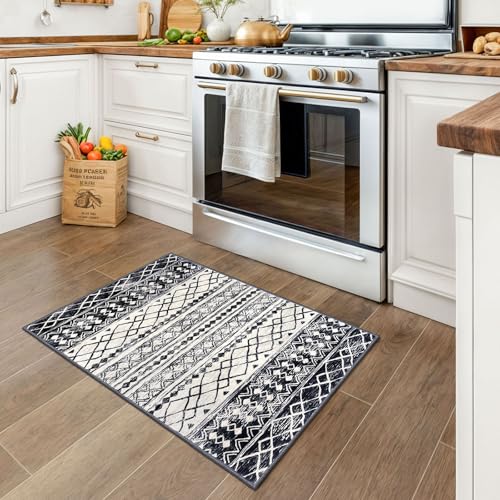 KUTA Moroccan Area Rugs 2x3, Black Navy Blue Entryway Rug Non-Slip Washable Small Indoor Door Mat, Ultra Soft Print Vintage Geometric Low-Pile Floor Carpet for Entrance, Kitchen - Image 3