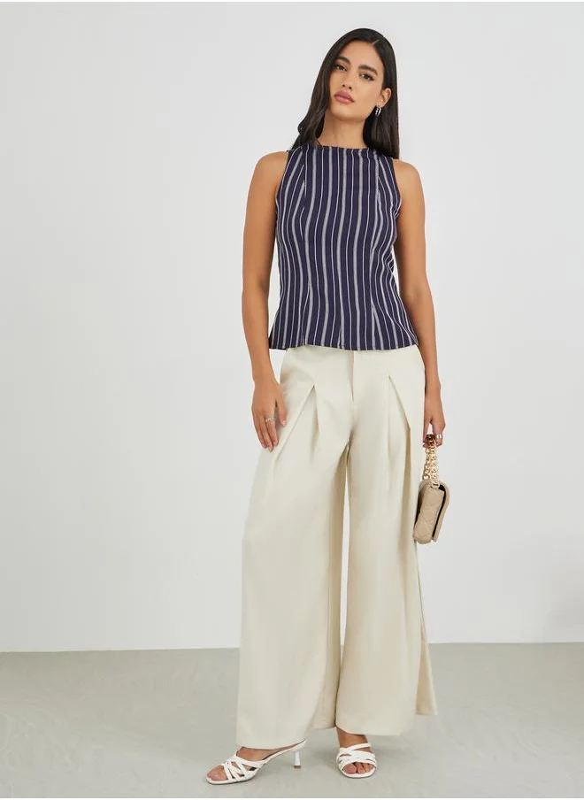 ستايلي Styli Striped Sleeveless Round Neck Peplum Top