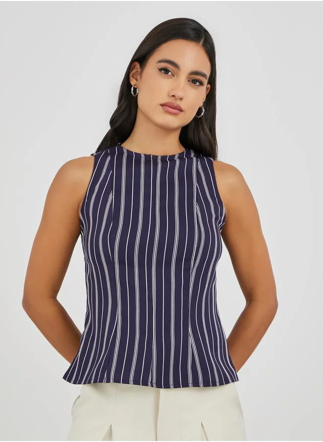 ستايلي Styli Striped Sleeveless Round Neck Peplum Top
