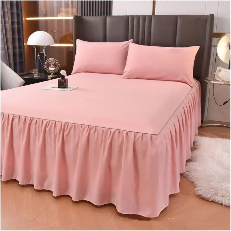 1.2/1.5/1.8/2M Ruffled Solid Color Bed Skirt Bedroom Beds Cover Non-Slip Mattress Bedsheet/Bedspread (No Pillowcase)(Pink,180x200cm Skirt)