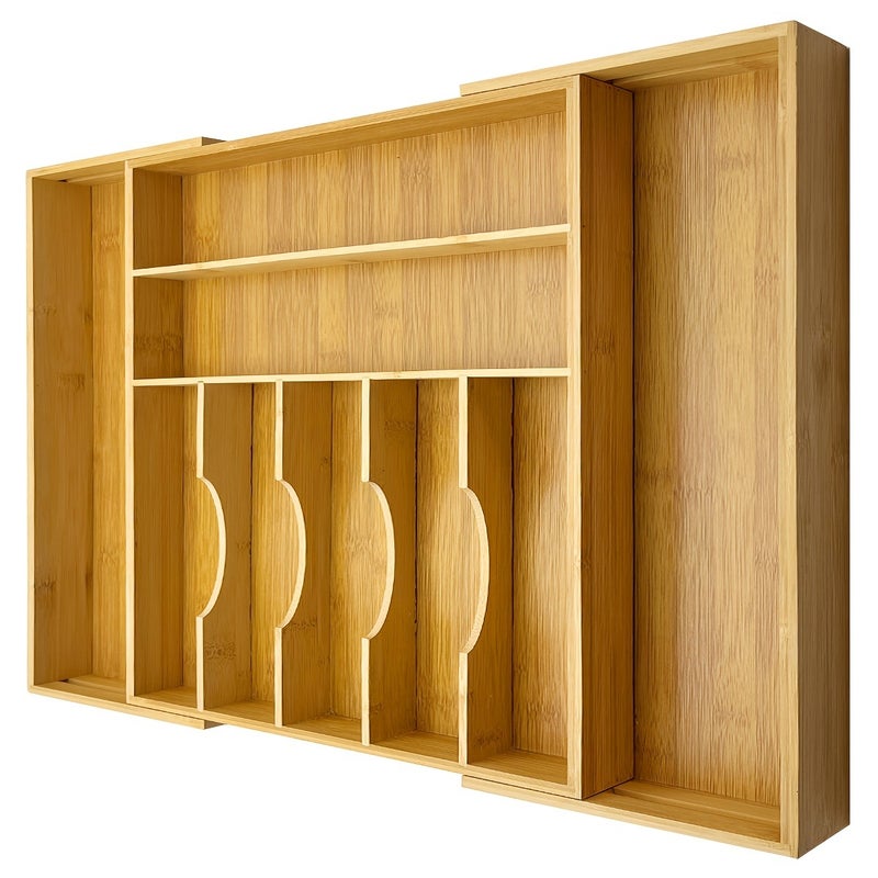 Bamboo Expandable/Retractable 9-Grid Storage Box - Expandable Tableware, Tool & Stationery Tray Suitable, Drawer, Bamboo with Polished, Space-Saving Compartments for Utensils, Pens, Small Parts - Image 5