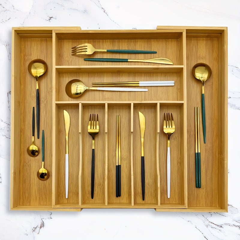 Bamboo Expandable/Retractable 9-Grid Storage Box - Expandable Tableware, Tool & Stationery Tray Suitable, Drawer, Bamboo with Polished, Space-Saving Compartments for Utensils, Pens, Small Parts - Image 1