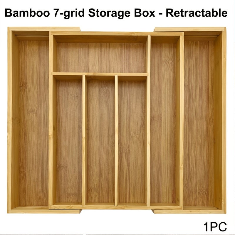 Bamboo Expandable/Retractable 9-Grid Storage Box - Expandable Tableware, Tool & Stationery Tray Suitable, Drawer, Bamboo with Polished, Space-Saving Compartments for Utensils, Pens, Small Parts - Image 2