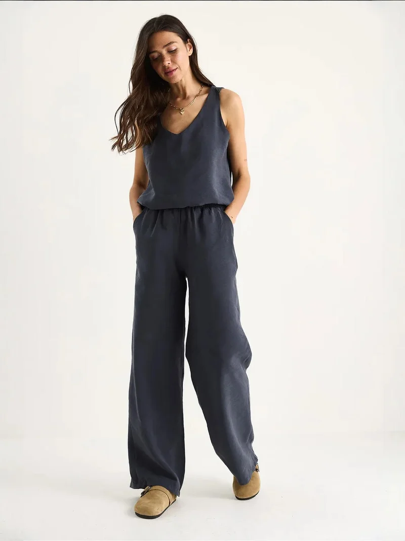 Bianco Lucci Charcoal Grey LUCCI V-Neck Cotton Blouse-Pants Two-Piece Set for Women | Best Price UAE