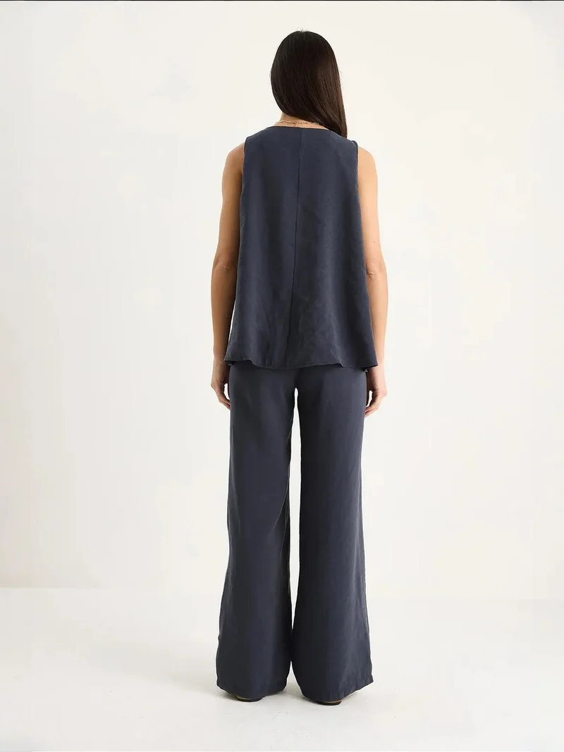 Bianco Lucci Charcoal Grey LUCCI V-Neck Cotton Blouse-Pants Two-Piece Set for Women | Best Price UAE