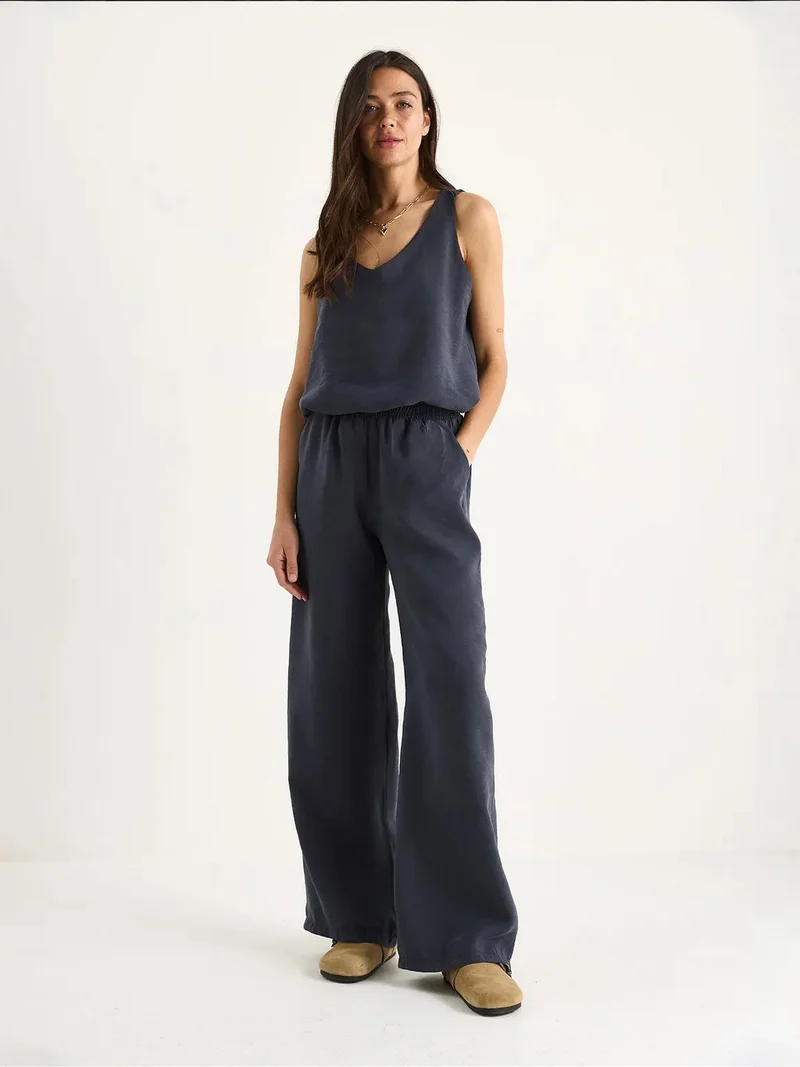 Bianco Lucci Charcoal Grey LUCCI V-Neck Cotton Blouse-Pants Two-Piece Set for Women | Best Price UAE