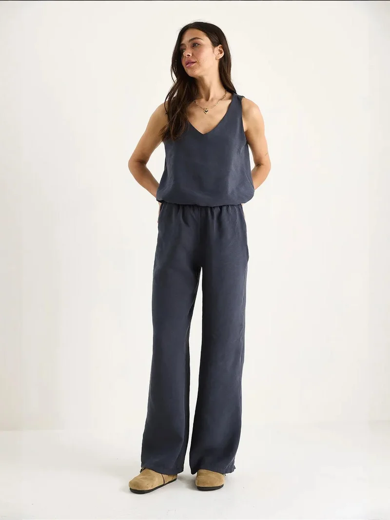 Bianco Lucci Charcoal Grey LUCCI V-Neck Cotton Blouse-Pants Two-Piece Set for Women | Best Price UAE