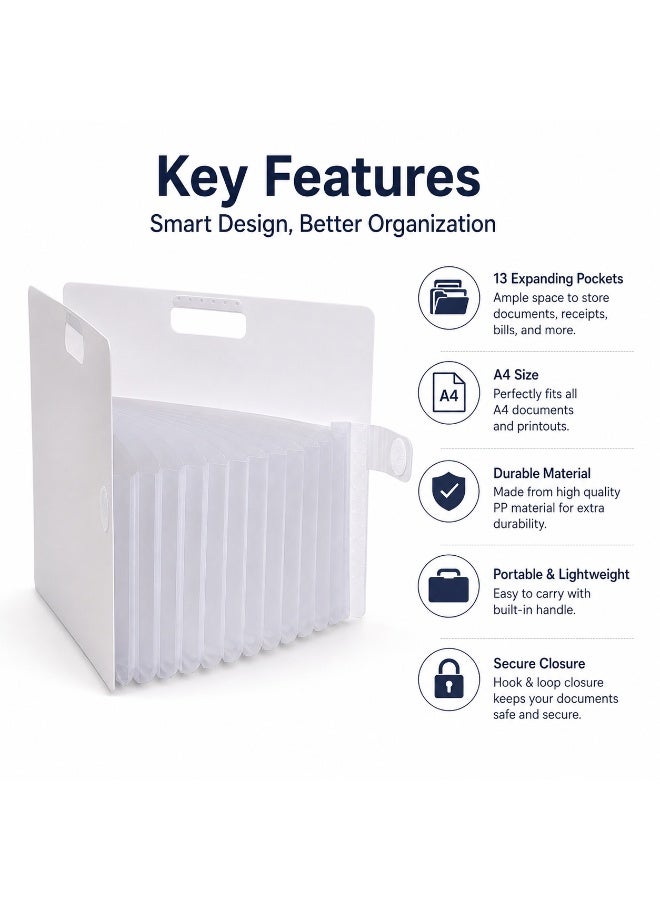 SAKURA Komagoma Accordion File Organiser TF-A4#50, A4, 13 pockets, White, Paper & Plastic, 1 organiser for home paperwork - Image 2