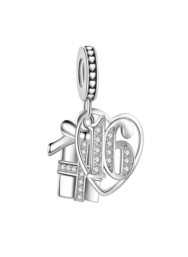 MiiFort Sparkling Gift Box Sweet Sixteen 16 Birthday Anniversary Love Heart Dangle Charm fits Pandora Charms Moments Bracelets Celebration Bead Cubic Zirconia - Image 1