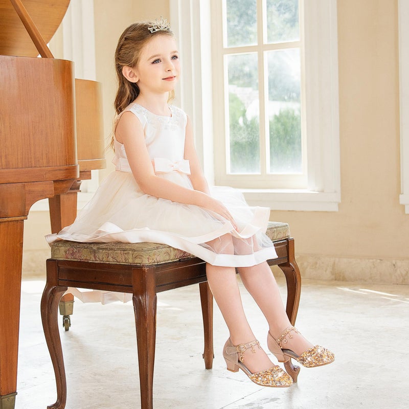 Furdeour Girls Sandals Heels Flower Wedding Party Little Kid Princess for Toddler High Heel Size 12(2902Cham 12) - Image 3