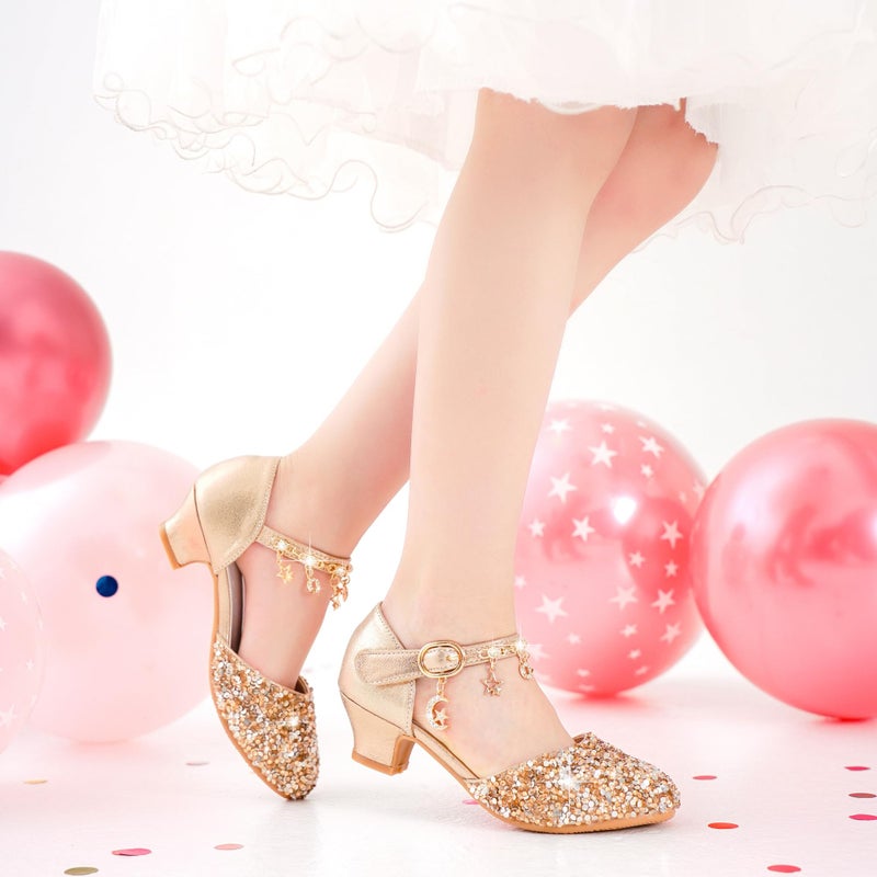Furdeour Girls Sandals Heels Flower Wedding Party Little Kid Princess for Toddler High Heel Size 12(2902Cham 12) - Image 2