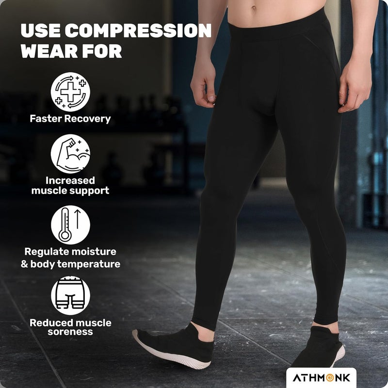Athmonk Compression Nylon Lycra Lower Leggings Tights Yoga Pants for Men Boys - Workout Gym Exercise Running Cycling Training - Full Leg Sleeves - Cold Weather Sports Inner - Skinny Fit - Image 1