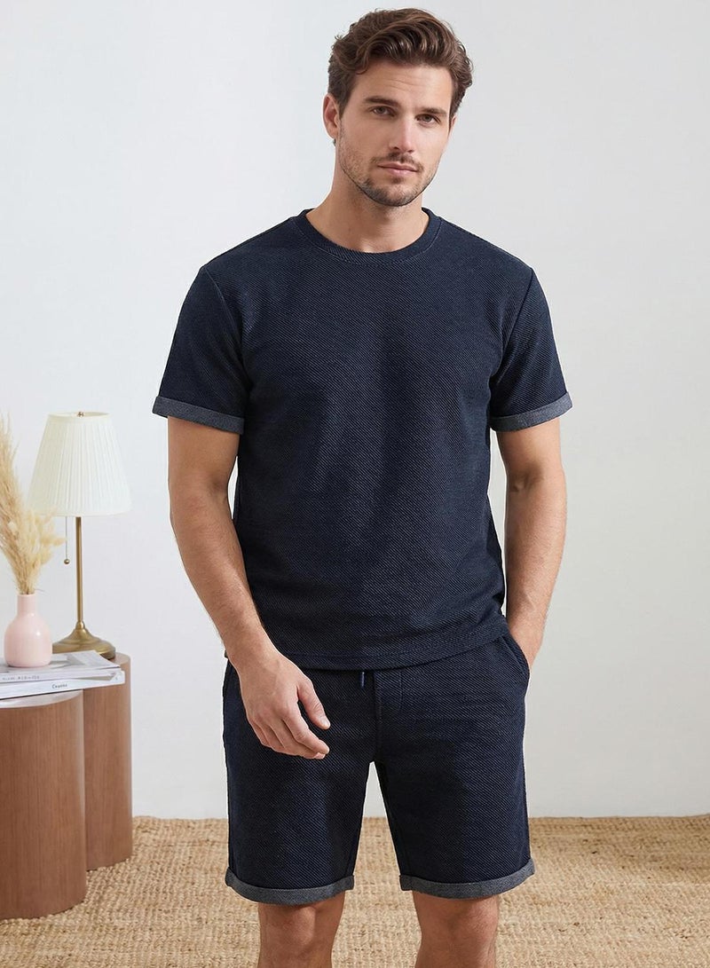 trendyol Navy Blue Off-Shoulder Regular Fit Tok Fabric Tracksuit Set Tmnss26Em00003 - Image 1