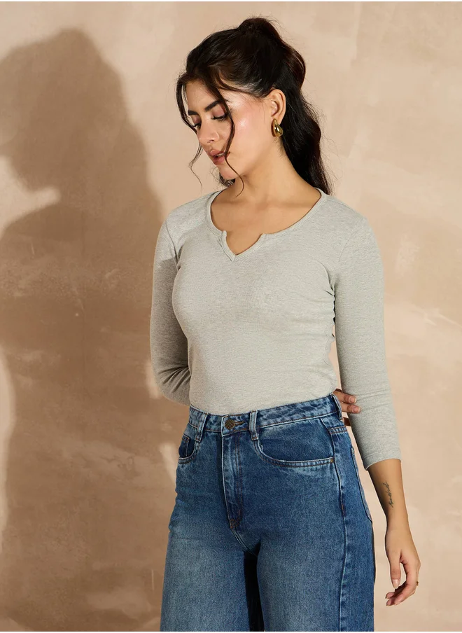 ساسافراس Ribbed Notch Neck Long Sleeve Top