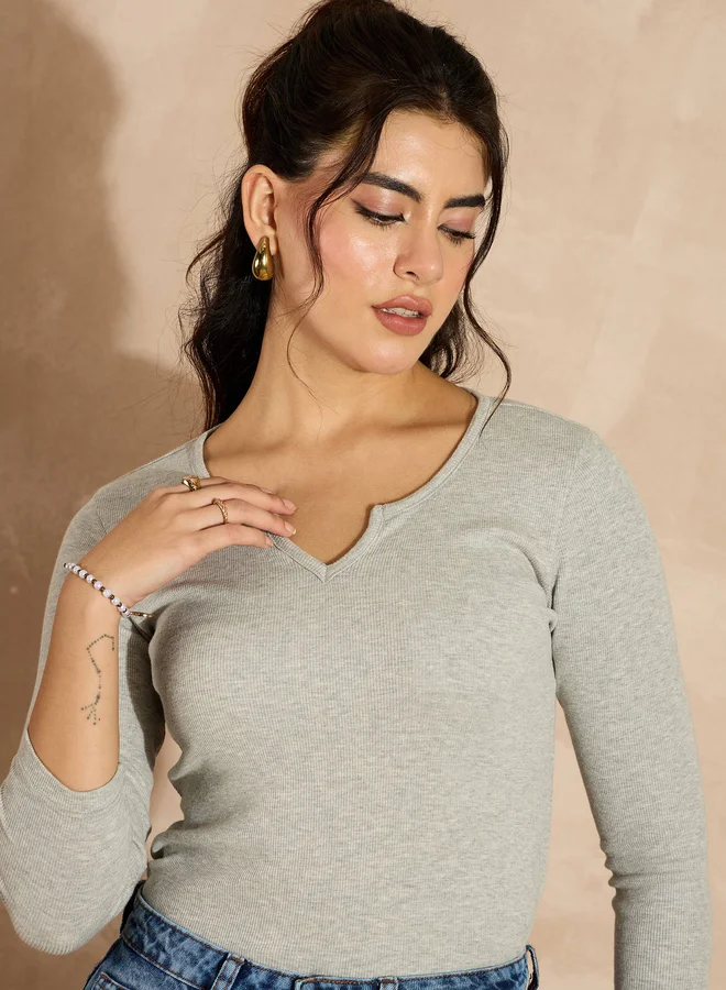 SASSAFRAS Ribbed Notch Neck Long Sleeve Top
