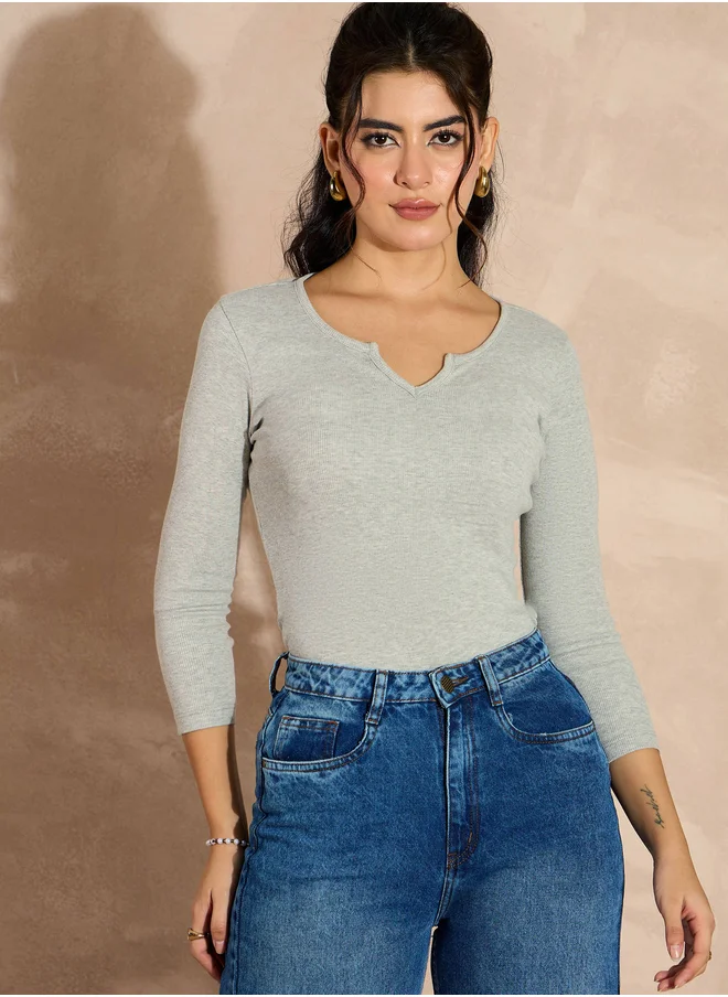 ساسافراس Ribbed Notch Neck Long Sleeve Top