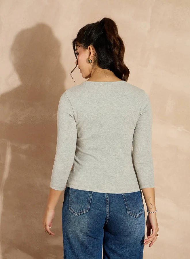 SASSAFRAS Ribbed Notch Neck Long Sleeve Top