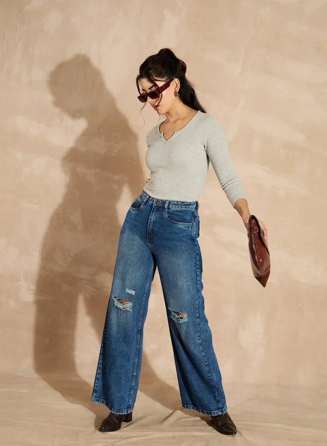 SASSAFRAS Ribbed Notch Neck Long Sleeve Top