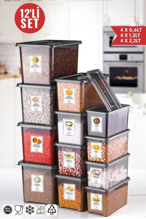 Labeled 12-Piece Jolly Storage Box Set 4x0.6lt-4x1.2lt-4x2.2lt - Anthracite
