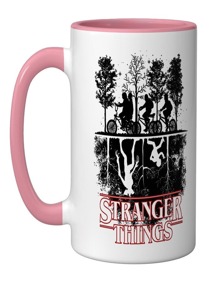 سترانجر ثينكينج كوب سيراميك بشعار مسلسل Stranger Things The Upside Down، وردي/أبيض - Image 1