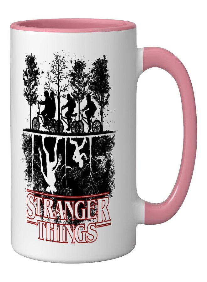 سترانجر ثينكينج كوب سيراميك بشعار مسلسل Stranger Things The Upside Down، وردي/أبيض - Image 2