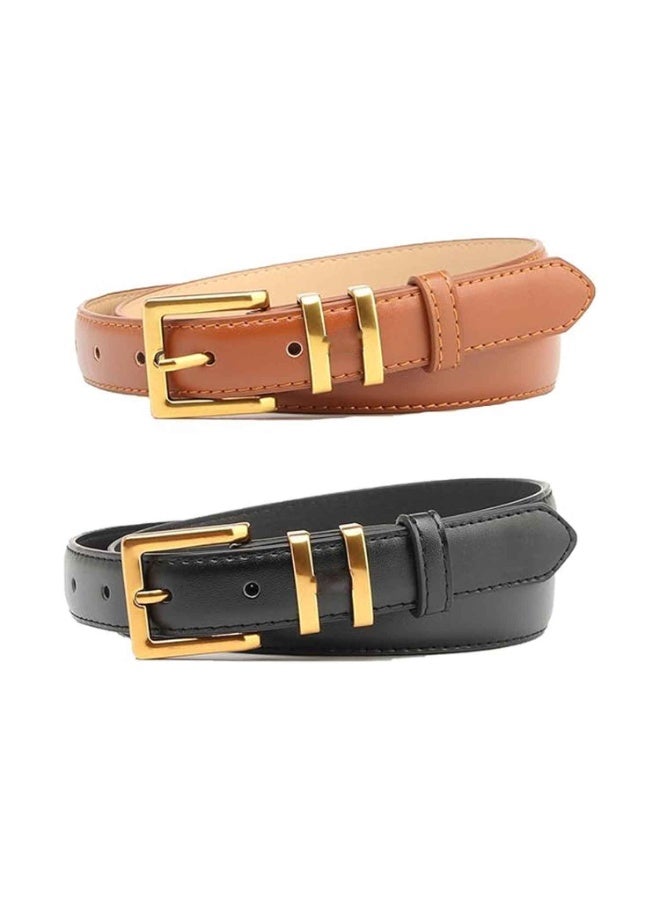 2 Pcs,Womens Belts,Women Gold Buckle Design Skinny Leather Belt,Jeans Belt for Pants in Pin Buckle Belt,Womens Belts for Dress - Image 1