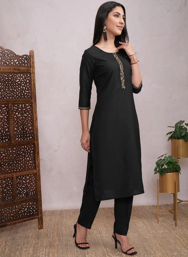 Vishudh Women Black Lace Work Kurta with Trousers by Styli