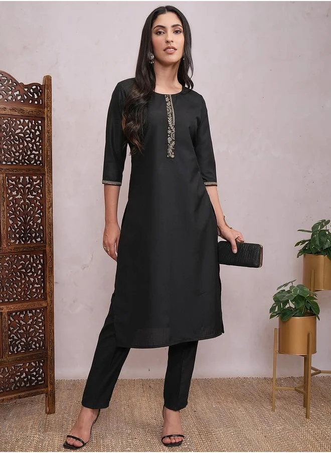 Vishudh Women Black Lace Work Kurta with Trousers by Styli