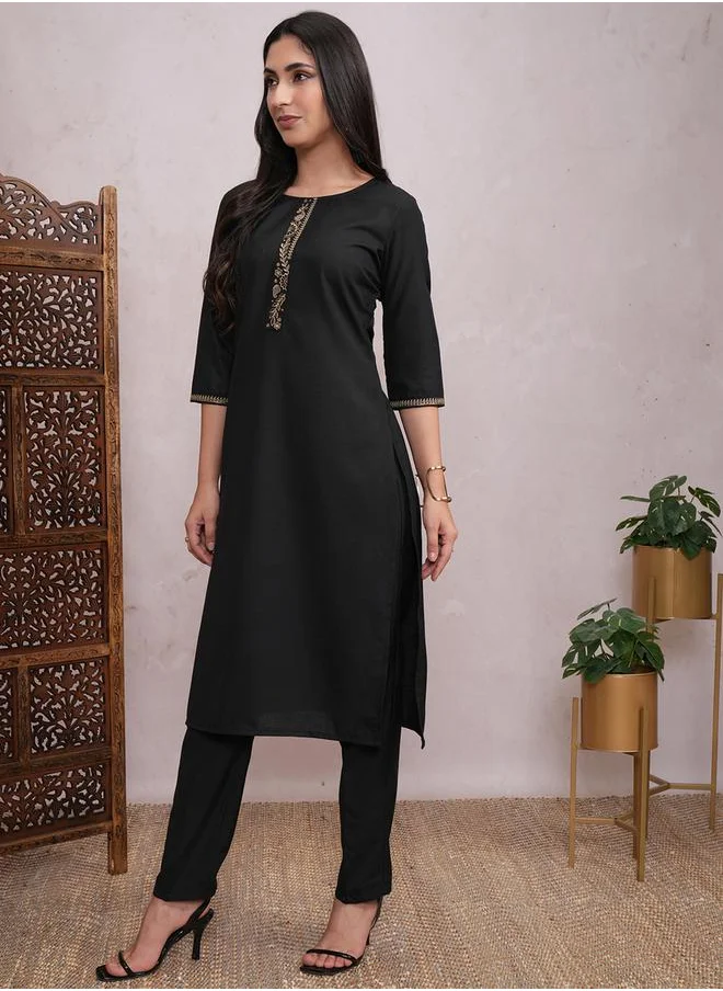 Vishudh Women Black Lace Work Kurta with Trousers by Styli