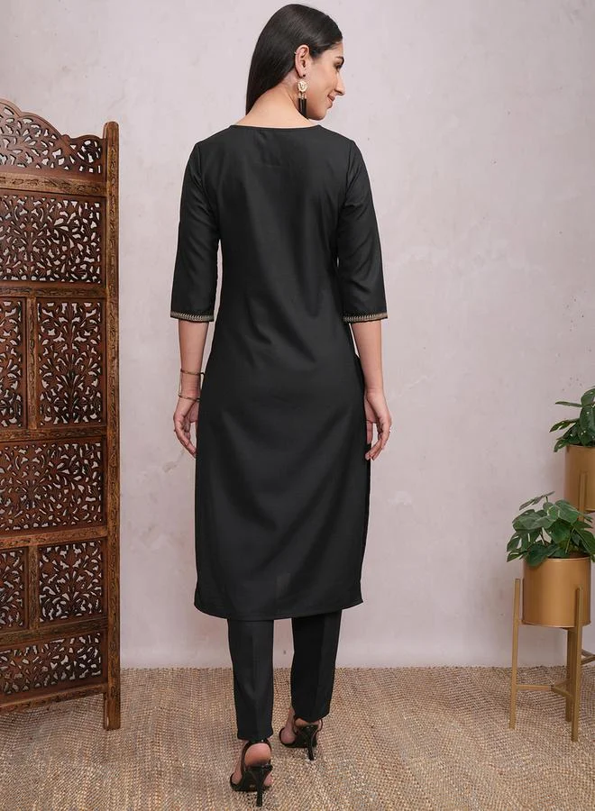 Vishudh Women Black Lace Work Kurta with Trousers by Styli