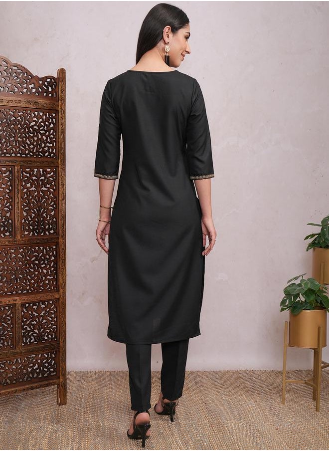Vishudh Women Black Lace Work Kurta with Trousers by Styli  - Image 3