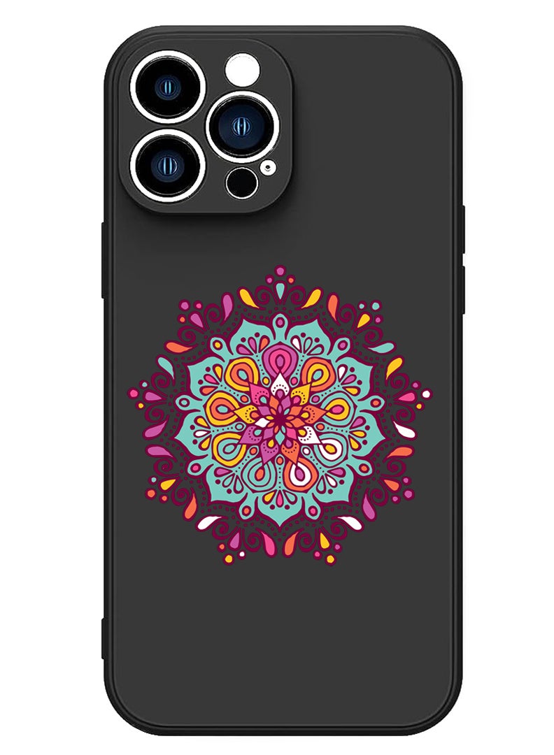 Theodor Protective Slim Fit Case Liquid Silicone Cover with Full Body Protection Anti-Scratch Shockproof Case For iPhone 15 Pro Max Black - Mandala colourful - Image 1
